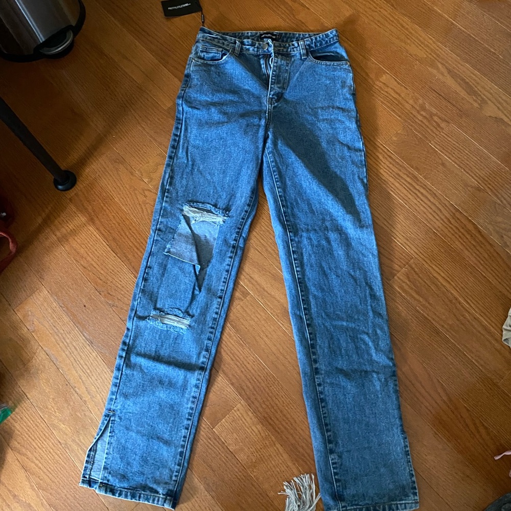 Bright Blue Distressed Foldover Knee Split Hem Jeans - 10 (UK Size)